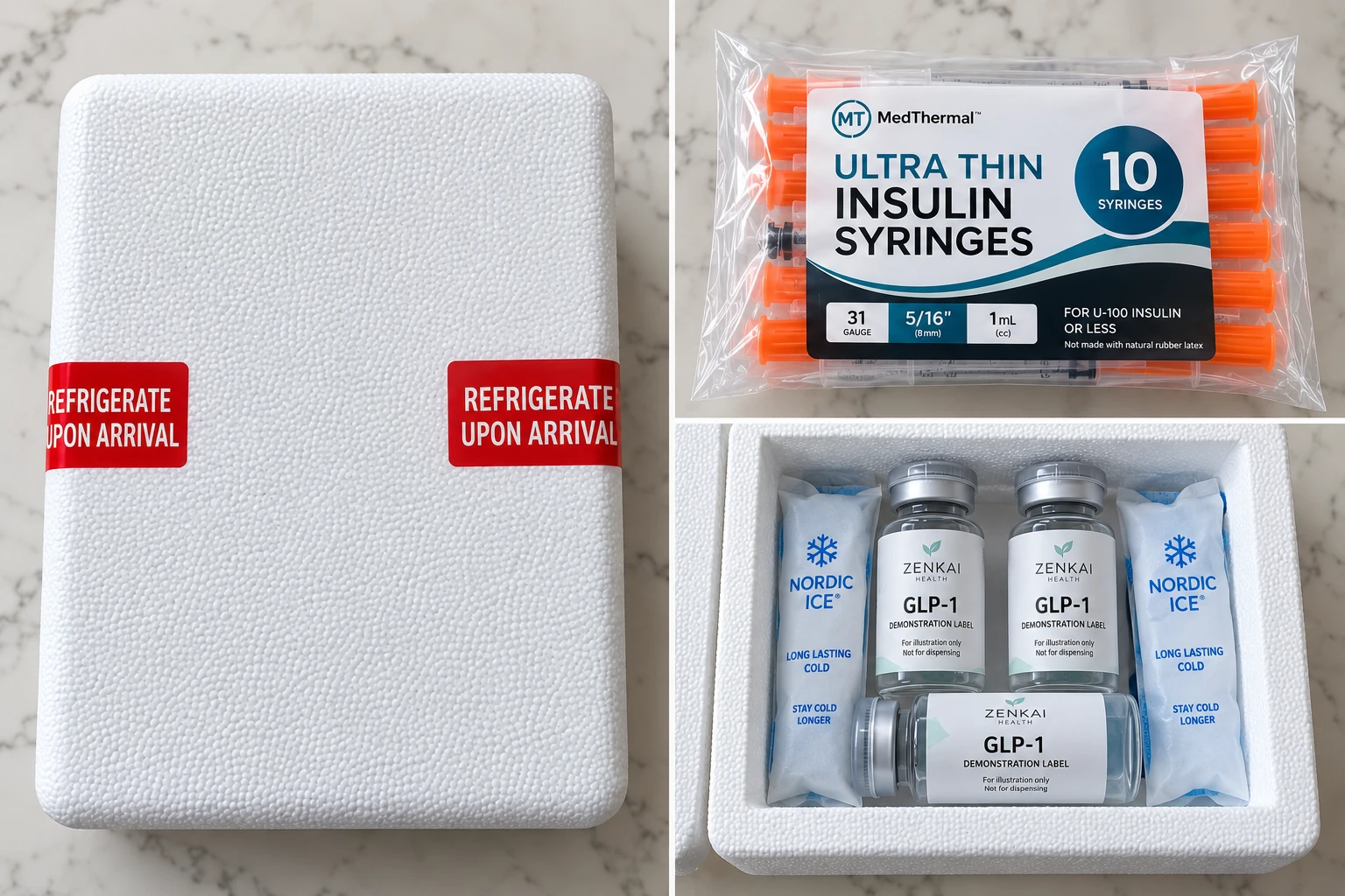 ZENKAI cold-chain delivery: provider-prescribed GLP-1 vials packed with Nordic Ice cold packs and ultra-thin syringes inside an insulated, discreet cooler labeled Refrigerate Upon Arrival